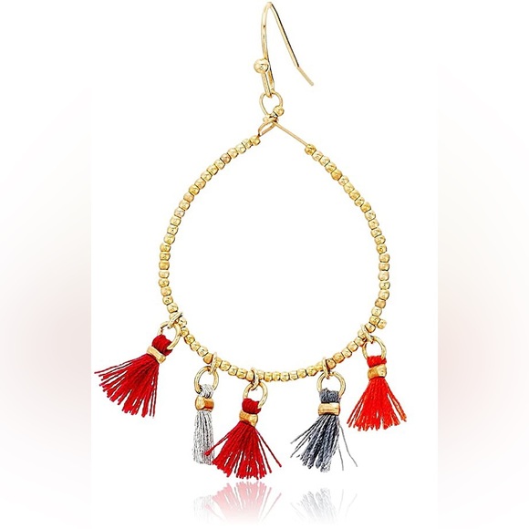 Boho Gold Beaded Hoop Drop Statement Earrings Red & Grey Fringe Tassels - Picture 9 of 11